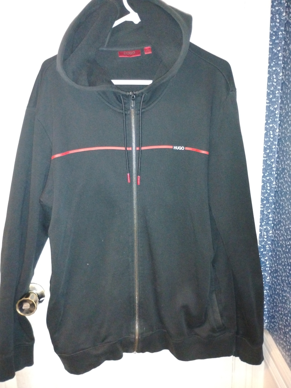 HUGO Black Hooded Zip Jacket with Red Stripe